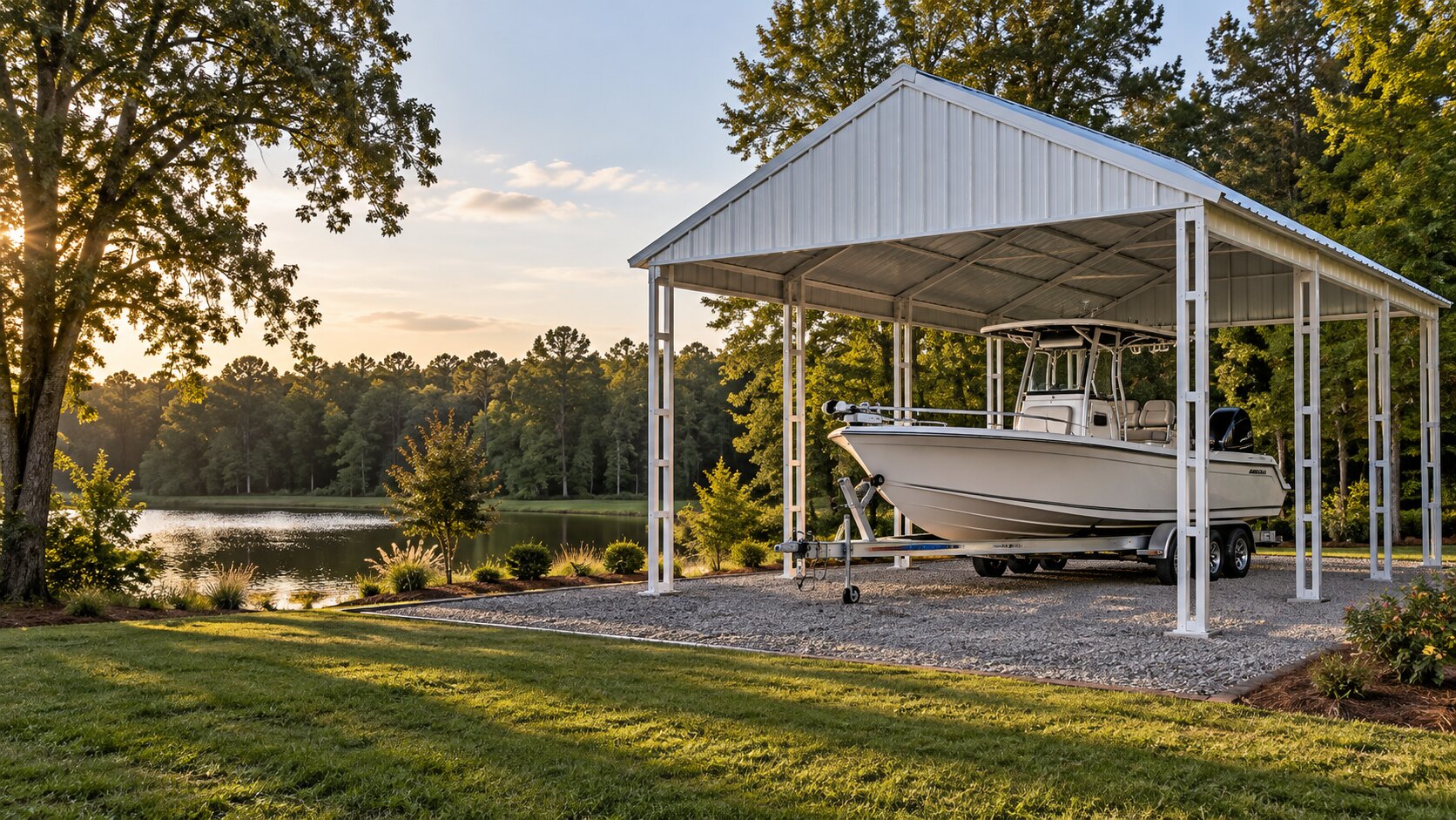 Tubular-steel boat cover sheltering a fishing boat on its trailer