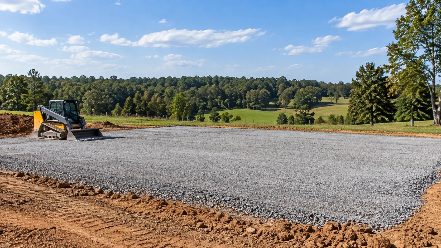 Skid steer completing site preparation and grading for a new structure
