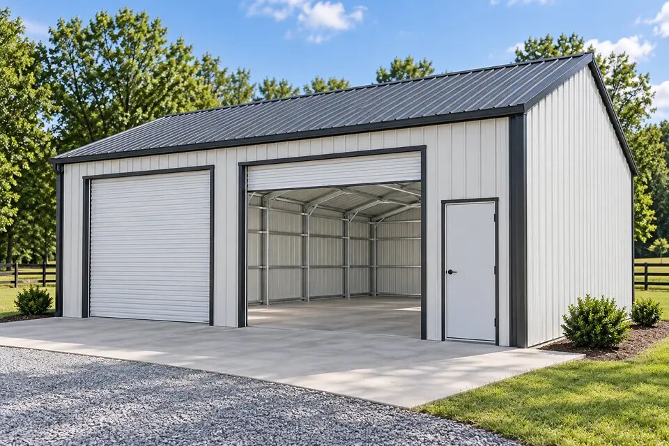 Two-bay enclosed metal garage with roll-up doors and a closed gable