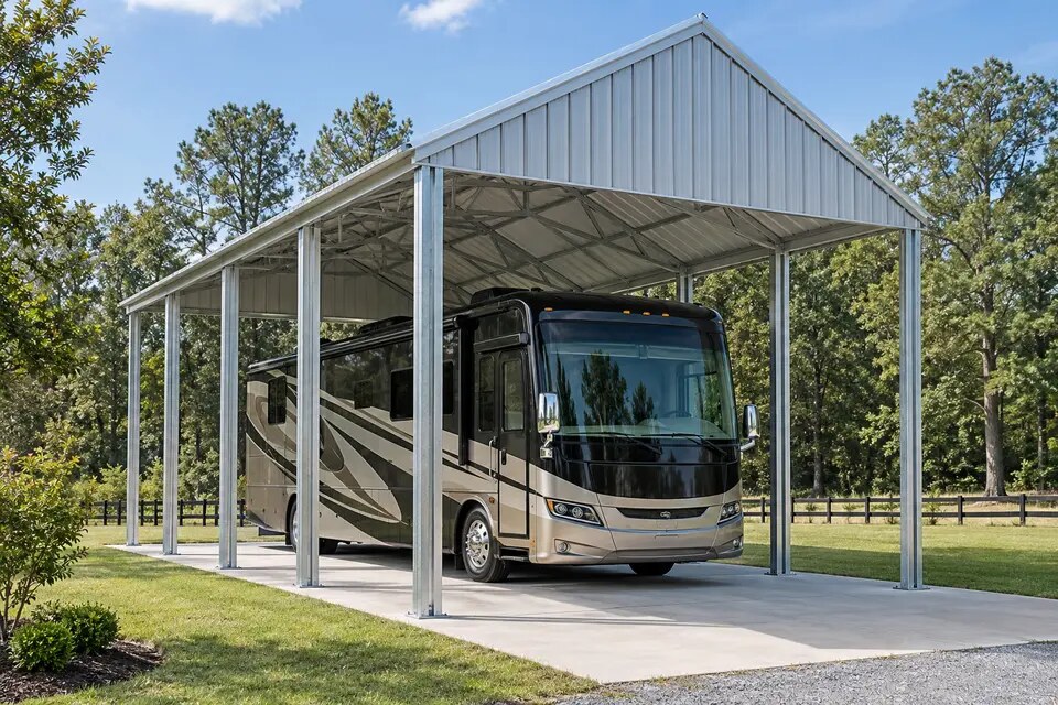 Tall metal RV cover with double-leg tubular framing and a closed gable