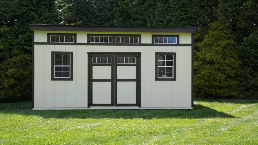 Pine View Modern shed with transom windows and contemporary roofline