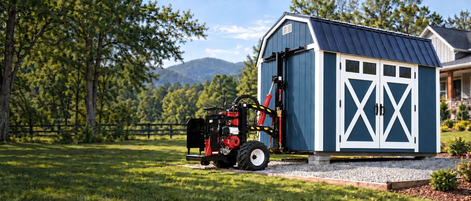 Blue lofted shed being positioned with the approved red Cardinal stand-on mule